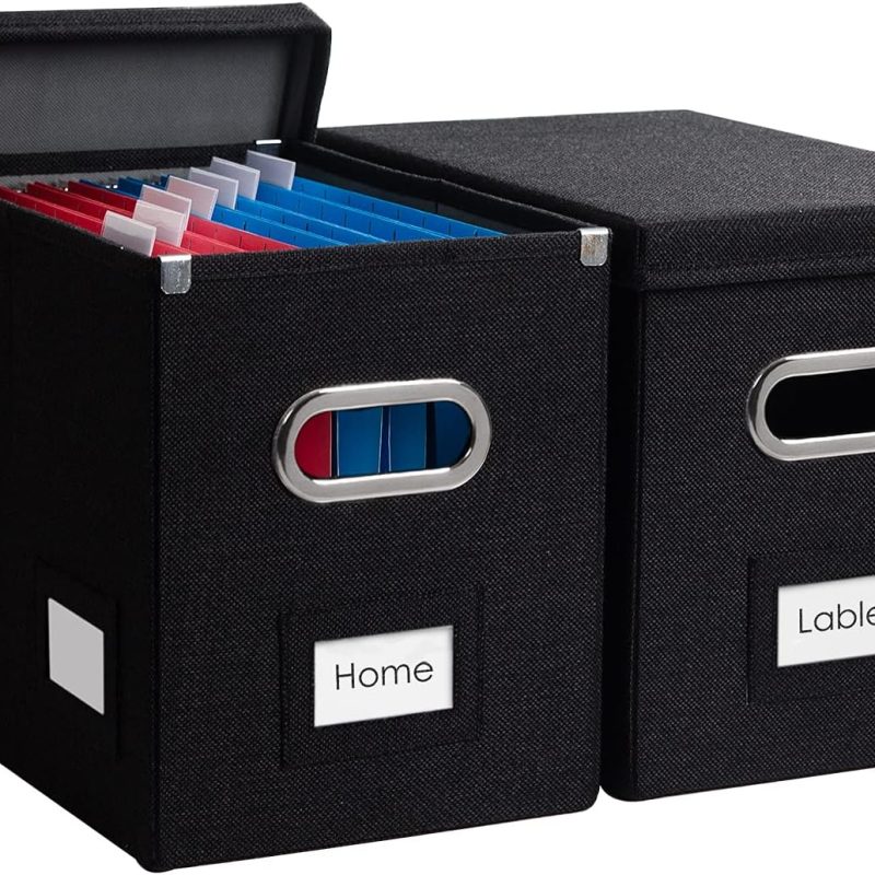PRANDOM File Organizer Box - Set of 2 Collapsible Decorative Linen Filing Storage Hanging File Folders with Lids Office Cabinet Letter Size Black (14x9.3x10.8 inch)