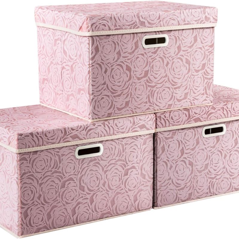 PRANDOM Larger Collapsible Storage Boxes with Lids Fabric Decorative Bins Cubes Organizer Containers Baskets Handles Divider for Bedroom Closet Living Room Pink 17.7x11.8x11.8 Inch 3 Pack