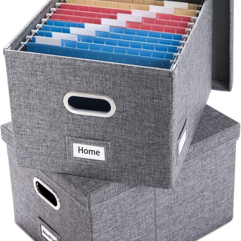 PRANDOM File Organizer Box - Set of 2 Collapsible Decorative Linen Filing Storage Hanging File Folders with Lids Office Cabinet Letter/Legal Size Grey (17x14x11.2 inch)